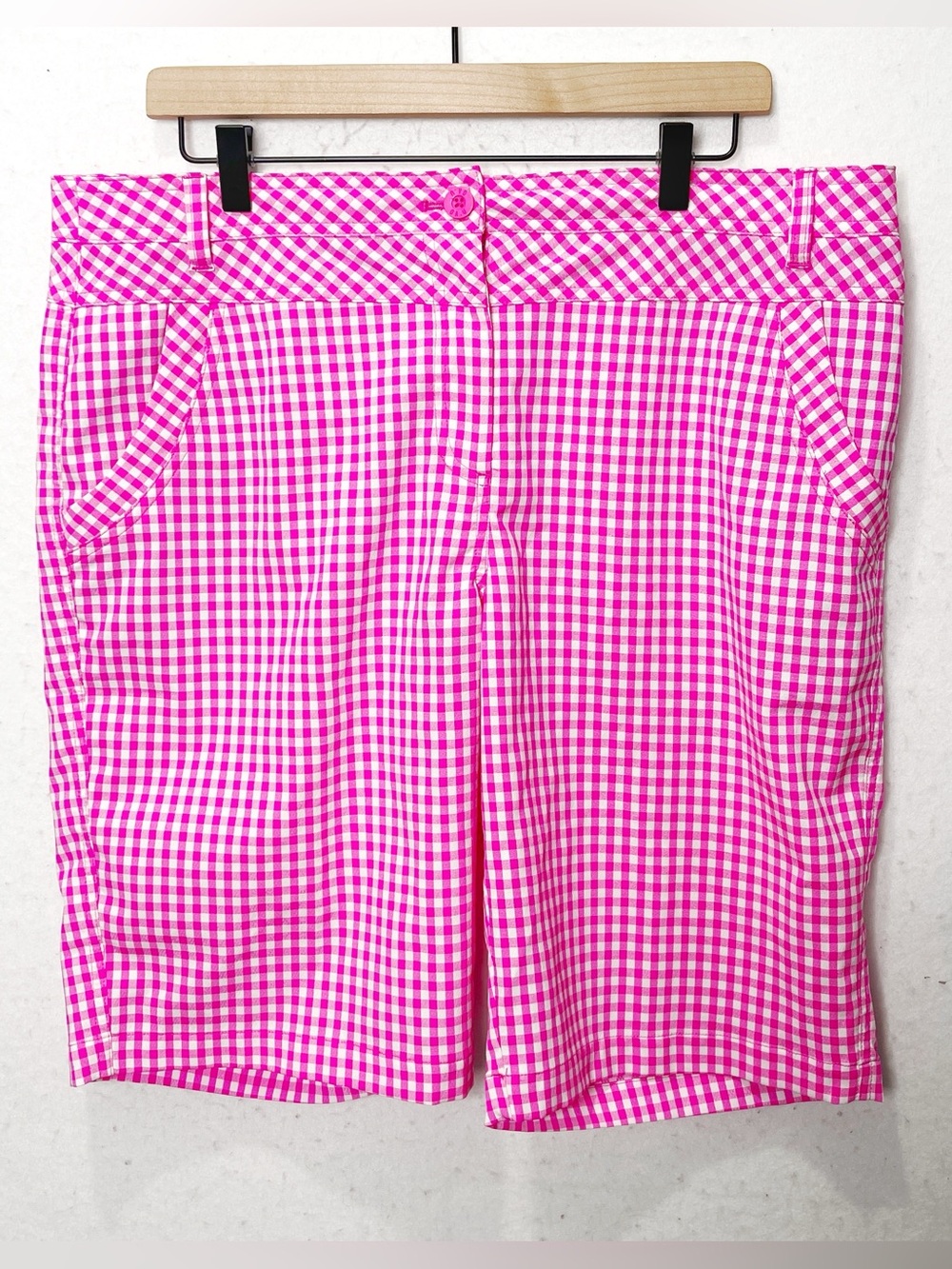 Nivo Womens Golf Shorts Bright Pink Gingham Print Bermudas Athletic Barbie Sz 14